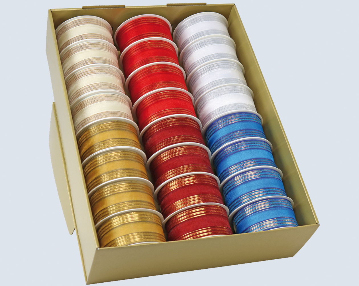 Deco.ribbon on roll in 24-pack displ. 40mm x 2m