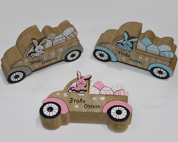 Decorative wooden car 8.5x5.5x2.3cm with bunnies, lovingly